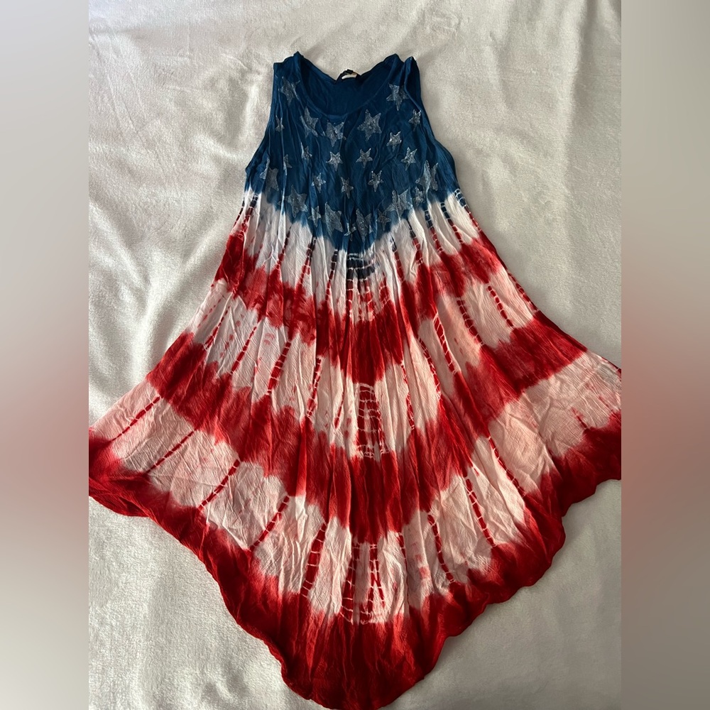 Sleeveless Tie-Dye Midi Dress in Red White and Blue